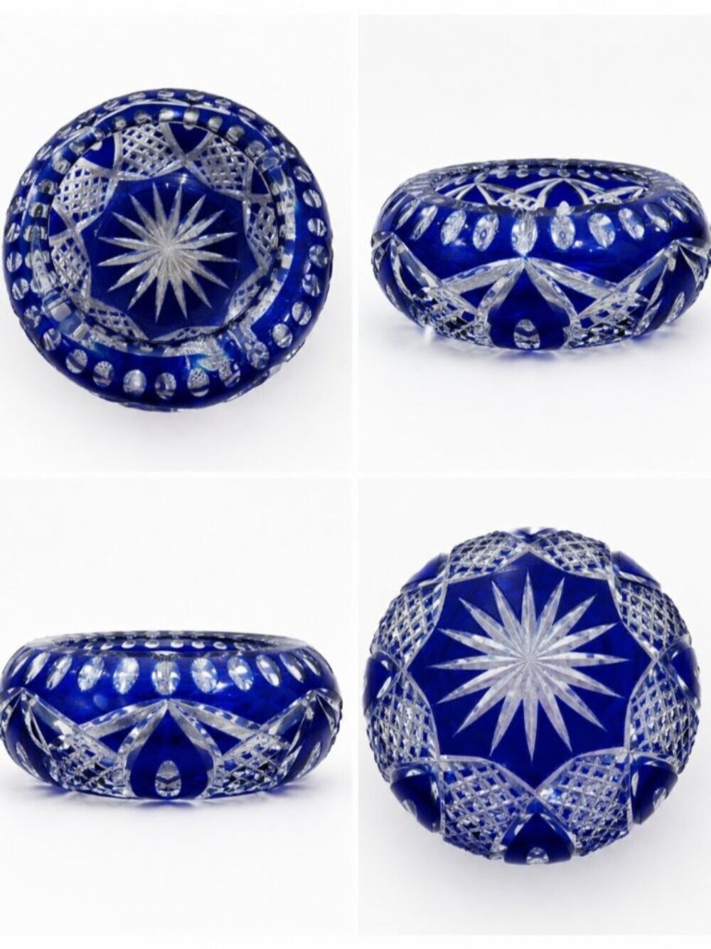 Vintage Cobalt Blue Cut to Clear Crystal Bowl Starburst Bohemian Czech  Style